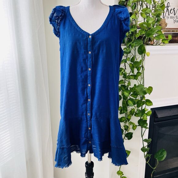 True Craft Blue Denim Frayed Hem Button Down Flowy Shirt Dress - Size XL - Picture 1 of 7
